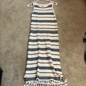 Long Pencil Sweater Dress with Fringe Detail